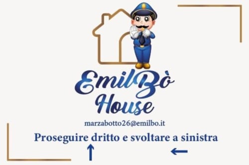 Logo EmilBo' s crtanim likom upravitelja i obrisa kuće, iznajmljivanje apartmana San Lazzaro di Savena
