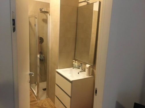 Moderan kupaonica sa staklenom kabinom za tuš, belim umivaonom i ogledalom u apartmanu EmilBo' House u San Lazzaro di