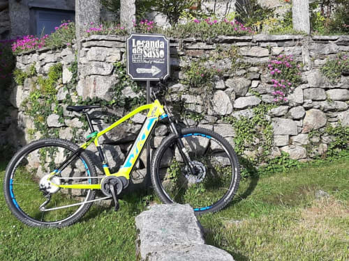 Gelbes E-Bike lehnt an Steinmauer mit rosa Blüten bei der Locanda del Sasso, Crodo