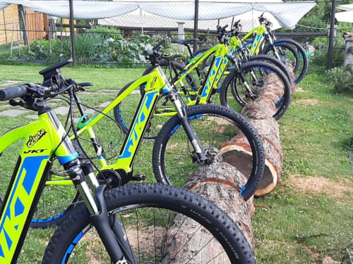Leuchtend gelbe E-Mountainbikes geparkt in der Locanda del Sasso in Crodo, bereit für Gästeabenteuer