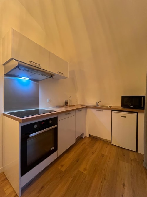 Cuisine moderne avec armoires blanches, four noir, hotte avec éclairage bleu et parquet à l'appartement Camping La Lézardière