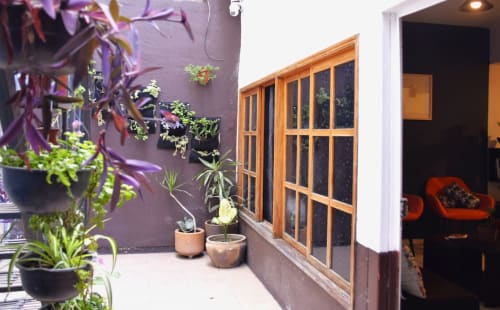 Patio del hotel LLUNA en Oaxaca con paredes moradas, plantas colgantes, puertas de madera y asientos rojos visibles en el interior