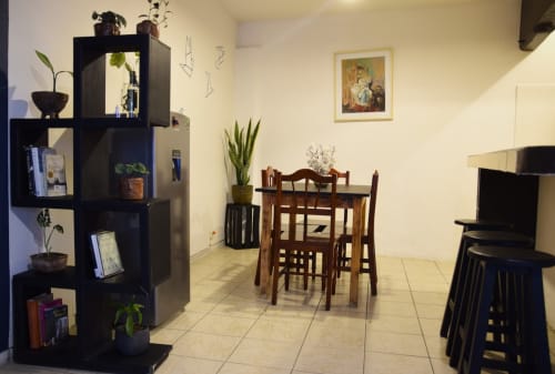 Acogedor comedor del departamento LLUNA en Oaxaca con mesa de madera, estantería negra, plantas en macetas y cuadros