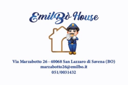 EmilBo' House Logo mit Cartoon-Charakter und Hausumriss, Hotel San Lazzaro di Savena