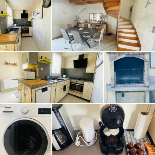 Collage intérieur du gîte : cuisine, salle à manger, escalier, cheminée, buanderie et électroménager chez Conciergerie Pour Tous By Patty