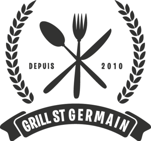 Grill St Germain restaurant logo since 2010 with fork, spoon, knife and wheat laurels