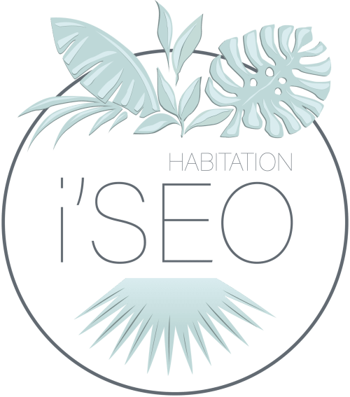 Logo Habitation l'SEO avec feuilles tropicales bleu clair, identité visuelle hôtel de Sainte-Anne Guadeloupe