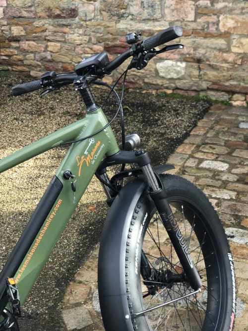 Vélo électrique vert avec pneus larges aux Maisons de Chamirey à Mercurey, France