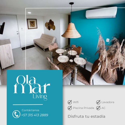 Apartamento Olamar en Santiago de Tolú con pared turquesa, comedor moderno y sofá beige
