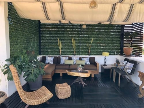 Área de descanso al aire libre en Zoogocho Boutique House con sofá marrón, muebles de mimbre, plantas en macetas y mamparas verdes