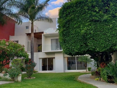 Casa Palmeras, moderna cabaña blanca con exuberante jardín, palmeras y setos cuidados en Oaxaca