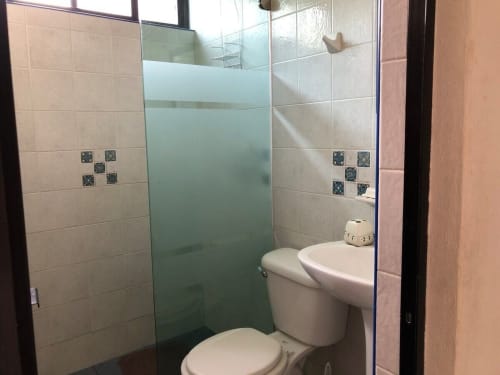 Modern bathroom with walk-in shower enclosure, white toilet, decorative blue tiles, and beige walls at El Nogal House in San