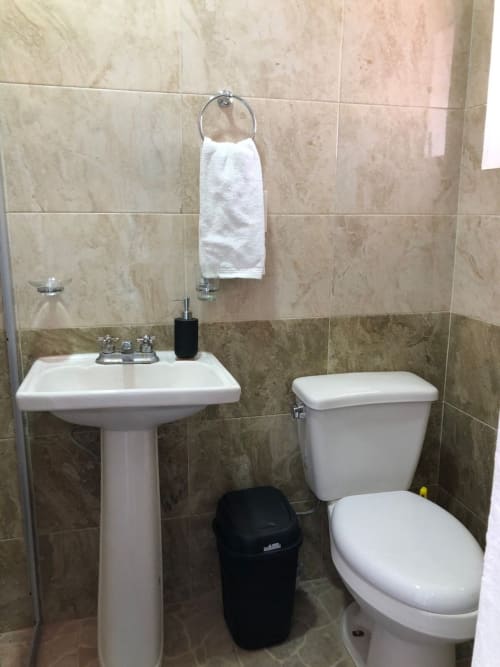 Baño limpio con lavamanos de pedestal, inodoro y toallero en el Apartamento Zeus 12 de Alojamientos Zoogocho