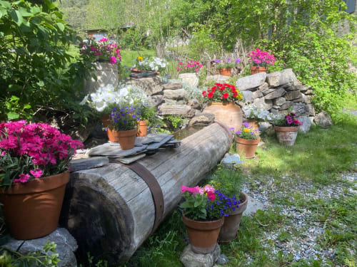 Charmant jardin de la Maison d'Hôtes Les Méans avec fleurs roses éclatantes en pots en terre cuite et sièges rustiques en bois