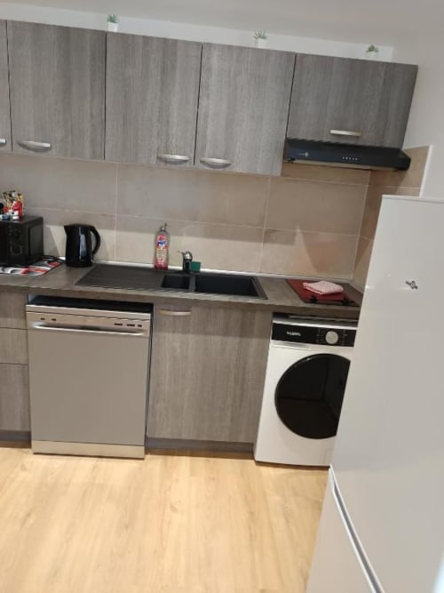 Cuisine moderne de villa avec armoires grises, lave-vaisselle, lave-linge et parquet