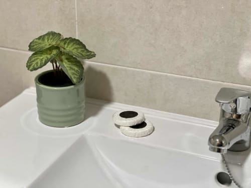 Lavamanos del hotel AlmaMaterSalamanca con planta de menta en maceta, dosificador de jabón y grifo cromado