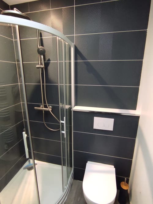 Salle de bain moderne du cottage Accolade à Châteaudun avec carrelage foncé, douche vitrée et toilettes blanches