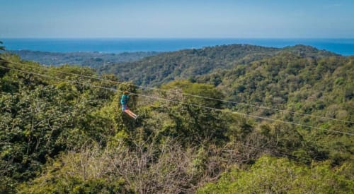 Person zip-lining over lush forest canopy with ocean view in Nosara, Costa Rica near Villa Mango B&B
