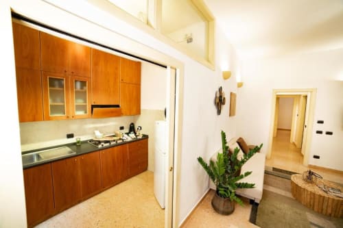 Cucina moderna nell'appartamento Dimore Verona con mobili in legno, fornello, lavello e zona living con pianta in vaso