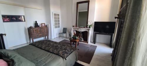 Chambre spacieuse au Cocon de Chris, Marseille avec lit, cheminée, TV et mobilier en bois