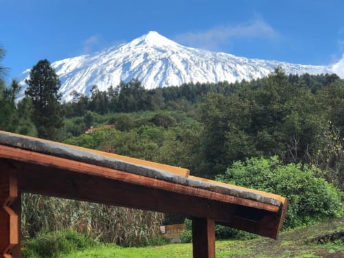 Snow-capped Mount Teide viewed from terrace at Casonas de Marengo cottage, Icod de los Vinos