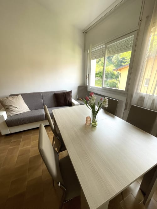 Modern dining room in Varenna apartment with white table, gray sofa, and large windows overlooking lake and garden views