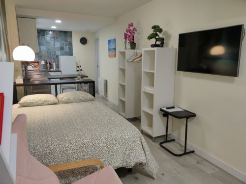 Moderna habitación en el hotel Megaleon de Segovia con cama, TV, escritorio, estanterías blancas y plantas
