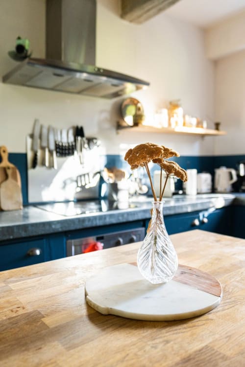 Cuisine du gîte Le Mas F à Saint-Rémy-de-Provence avec mobilier bleu et fleurs dorées en vase