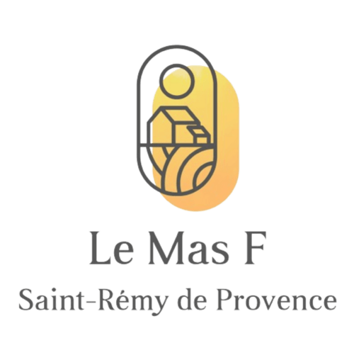 Logo du gîte Le Mas F avec une maison et des collines ondulantes à Saint-Rémy de Provence