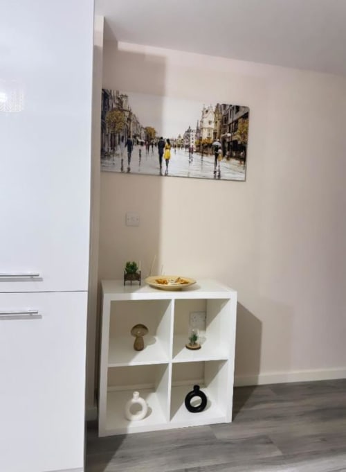 Modern apartment alcove with white cube shelving unit, decorative items, fresh plant, and framed urban street scene artwork