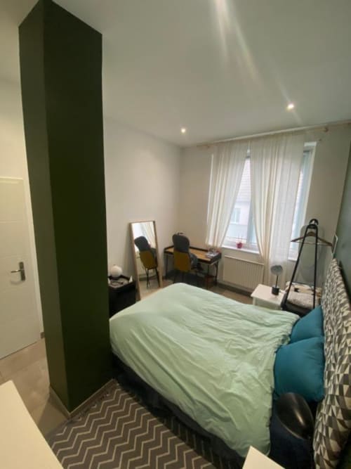 Chambre moderne à Illkirch-Graffenstaden avec mur d'accent vert, coin bureau et vue sur la ville