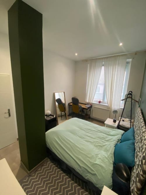 Chambre moderne de l'hôtel TonyaFlowersapp à Illkirch-Graffenstaden avec lit, bureau, fenêtres et mur d'accent vert