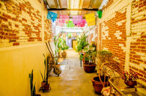 Colorido patio oaxaqueño en departamento LLUNA con muros amarillos, papel picado colgante, plantas en macetas y arquitectura de ladrillo