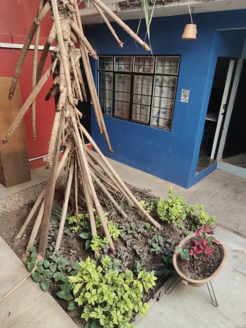 Patio del apartamento LLUNA en Oaxaca con macetas, ramas de madera y entrada de edificio con muros azules