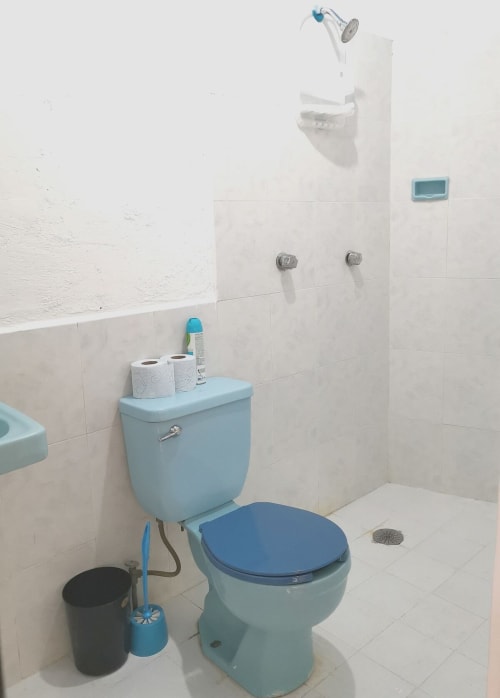 Baño del departamento LLUNA en Oaxaca de Juárez con inodoro azul claro, asiento azul marino, azulejos blancos y área de ducha