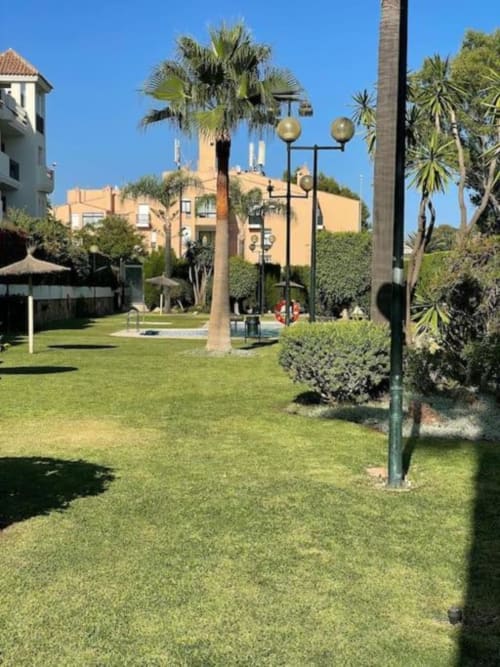 Lush garden courtyard at Marbella Home Rentals with palm trees, manicured lawn, and Mediterranean-style architecture in Nueva