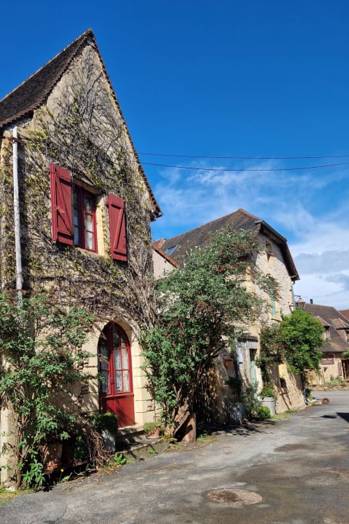 Charmante maison en pierre avec porte rouge et lierre à Maisonaurinko B&B à Thénon, France