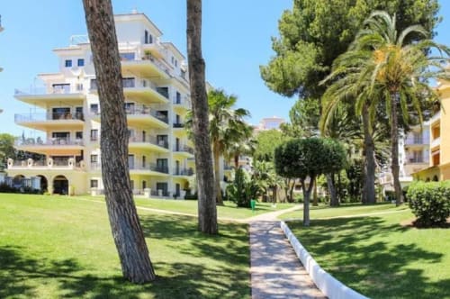 Lush garden courtyard at Marbella Home Rentals with palm trees, manicured lawn, and modern yellow apartment building in