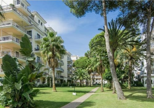 Jardín exuberante en Marbella Home Rentals con palmeras, césped impecable y apartamentos frente al mar en Puerto Banús