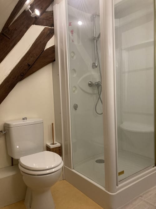 Modern bathroom with shower enclosure and toilet at Le Fassardy B&B in Châteauroux, France