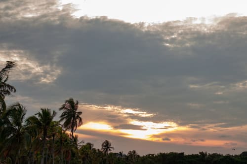 Atardecer sobre palmeras en el hotel Olamar Living de Santiago de Tolú, Sucre, Colombia con cielo y nubes dramáticas