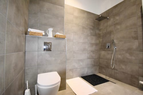 Salle de bain moderne à Illkirch-Graffenstaden avec douche spacieuse, toilettes et carrelage