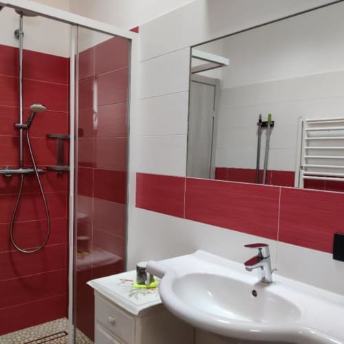 Moderno bagno con piastrelle rosse e bianche nell'appartamento Al Dos a Livigno, con doccia, lavandino e specchio