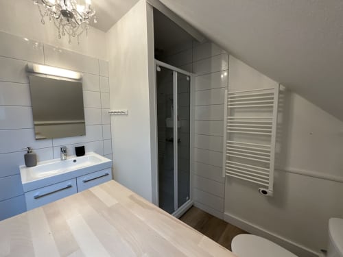 Modern bathroom at Locacharme cottage in Blois with vanity, mirror, shower enclosure and heated towel rack