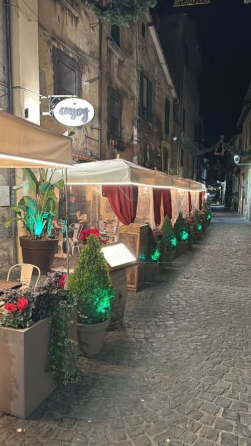 Area dining esterna dell'Enjoy House Bracciano con tavoli illuminati da candele, fiori in vaso e luci verdi d'accento lungo