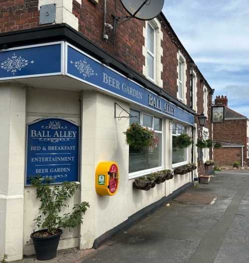 Ball Alley Bed & Breakfast storefront with beer garden sign in Stanley, County Durham