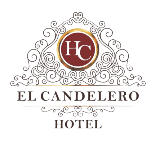 Logotipo del Hotel El Candelero con marco ornado y círculo burgundy, Yuriria, México