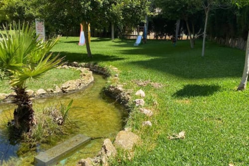 Lush green gardens with trees and a small pond stream at Lidersol Apartments in Benidorm, Spain