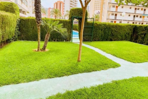 Lush green courtyard with manicured lawns, palm trees, and concrete pathways at Mariscal Apartments in Benidorm, Spain