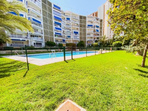 Zafiro Apartments garden courtyard with blue swimming pool, green lawn, and modern apartment buildings in Benidorm
